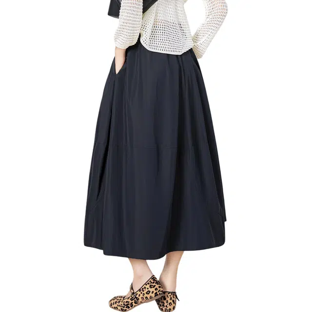 她池 高腰花苞裙通勤简约宽松款松紧腰中长款休闲长裙 女款