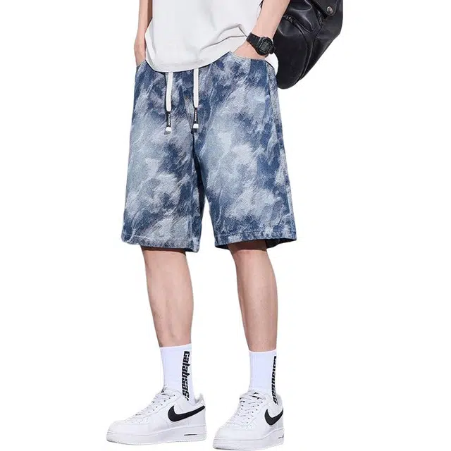 潮人榜 美式高街不规则提花设计感潮流百搭夏季薄款宽松舒适松紧腰抽绳直筒五分牛仔短裤 男款