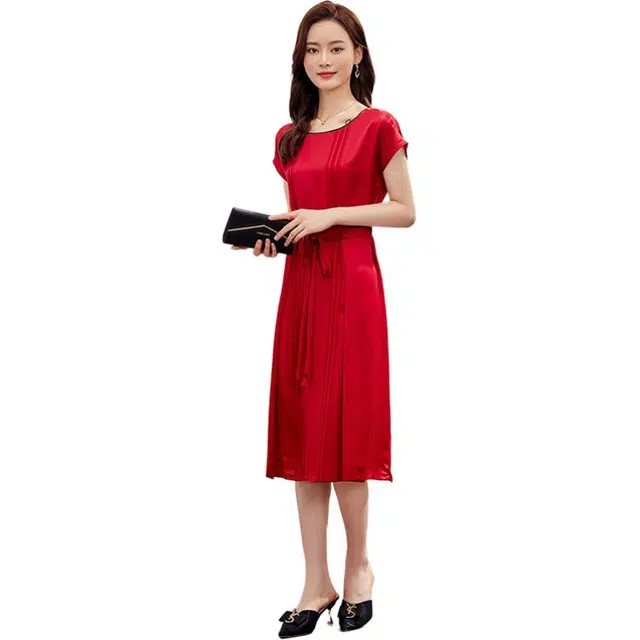 比利斯山羊 【仿丝大码】夏季简约风女雪纺裙子宽松显瘦休闲连衣裙 女款