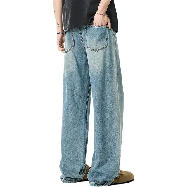 米素力 天丝夏季薄款宽松高腰长裤牛仔裤 男款