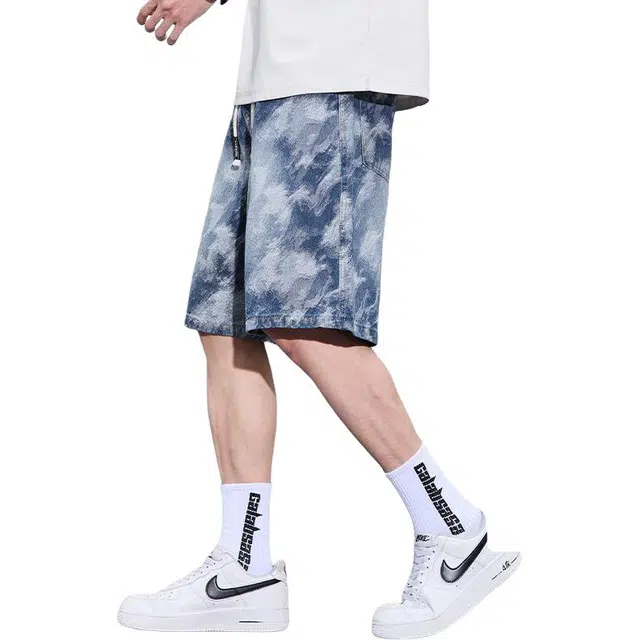 潮人榜 美式高街不规则提花设计感潮流百搭夏季薄款宽松舒适松紧腰抽绳直筒五分牛仔短裤 男款