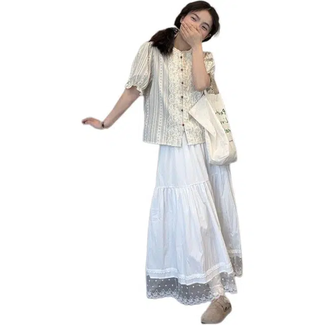 桴生 法式复古蕾丝拼接条纹衬衫夏季小众设计感洋气裙装套装 女款