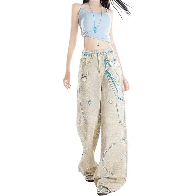 哒头下雨不愁 美式复古女夏季链条蕾丝印花设计感高腰宽松显瘦阔腿裤牛仔裤 女款