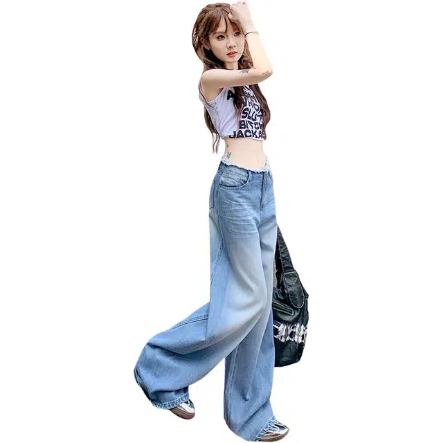 花蔓色 美式水洗复古女夏季设计感阔腿裤长裤宽松拖地裤牛仔裤 女款