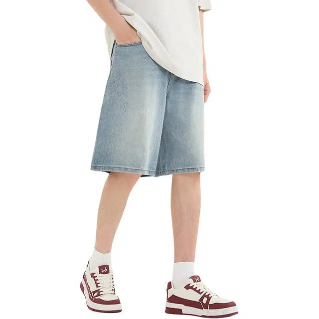 三福 分割设计宽松直腰直筒裤中腰五分裤牛仔短裤 男款