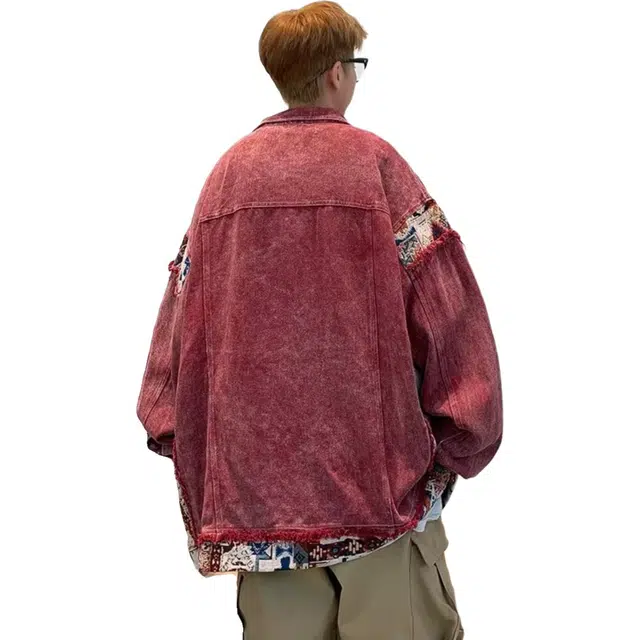 北极绒 复古拼接男女春秋季宽松设计感小众休闲百搭工装夹克复古拼接宽松纯色常规潮牛仔外套 男款