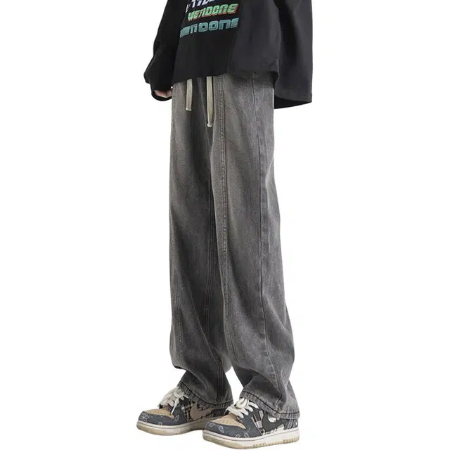 佐菲利 美式复古水洗做旧宽松阔腿直筒裤子分割线拼接抽绳弯刀牛仔裤 男款