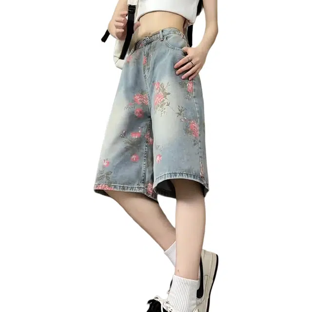 欧迪芬 夏日五分男女宽松直筒复古设计感裤子花卉满印阔腿中裤潮牛仔短裤 女款