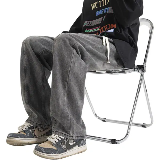 佐菲利 美式复古水洗做旧宽松阔腿直筒裤子分割线拼接抽绳弯刀牛仔裤 男款