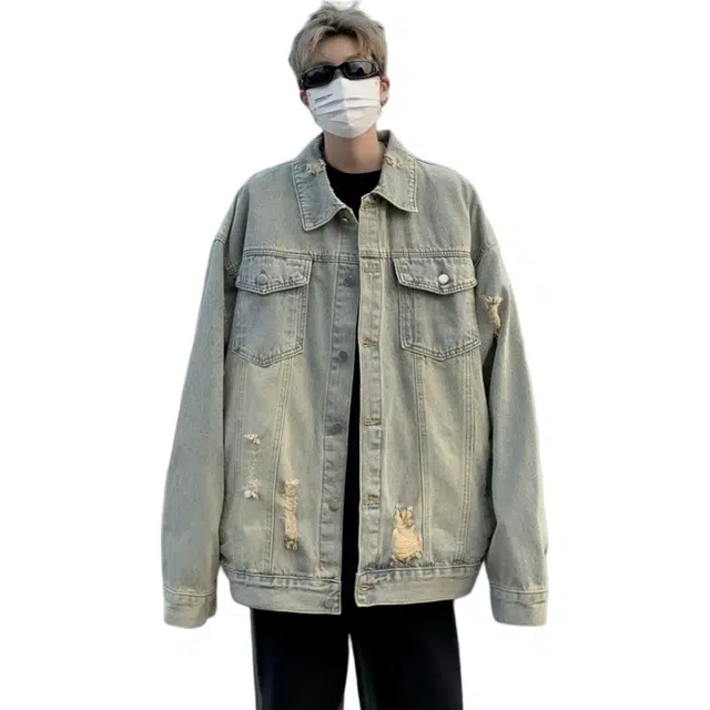 北极绒 街头美式复古做旧男女宽松潮牌秋冬男装休闲破洞夹克上衣复古做旧宽松潮牛仔外套 男款