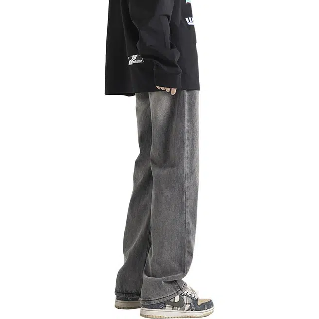 佐菲利 美式复古水洗做旧宽松阔腿直筒裤子分割线拼接抽绳弯刀牛仔裤 男款