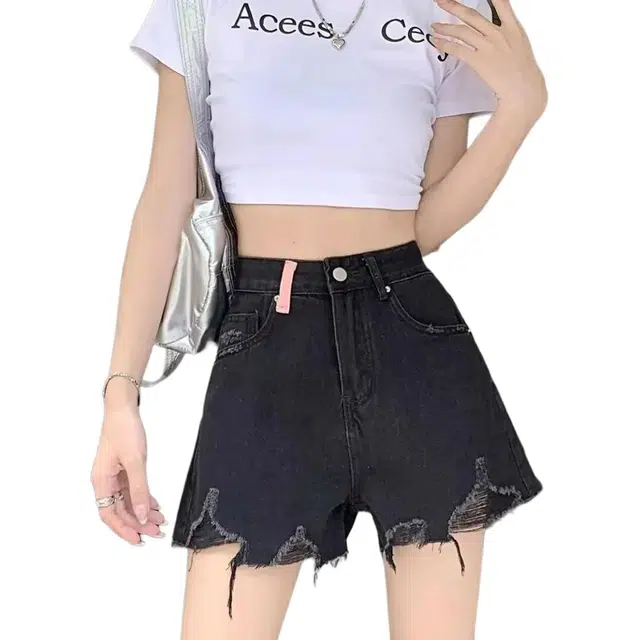 邓大喵 破洞高腰显瘦修身热裤牛仔短裤 女款