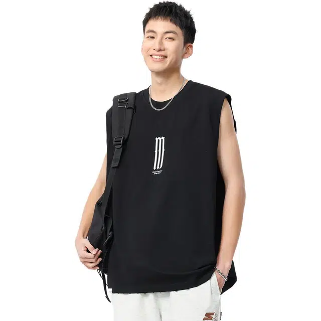 米素力 宽松透气运动英文圆领背心 男款