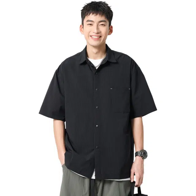 米素力 透气凉感高级感格子落肩袖短袖翻领宽松型衬衫 男款