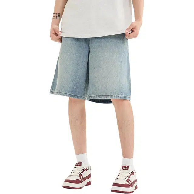 三福 分割设计宽松直腰直筒裤中腰五分裤牛仔短裤 男款