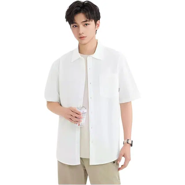 三福 麻料净色时尚短袖翻领衬衫 男款