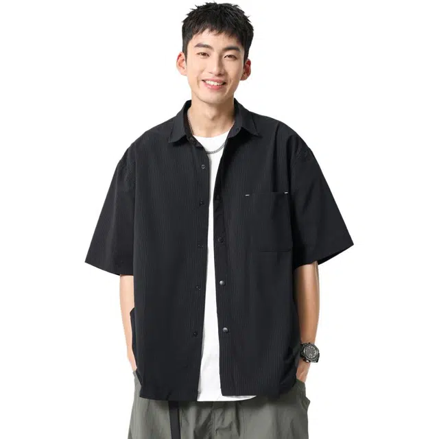 米素力 透气凉感高级感格子落肩袖短袖翻领宽松型衬衫 男款