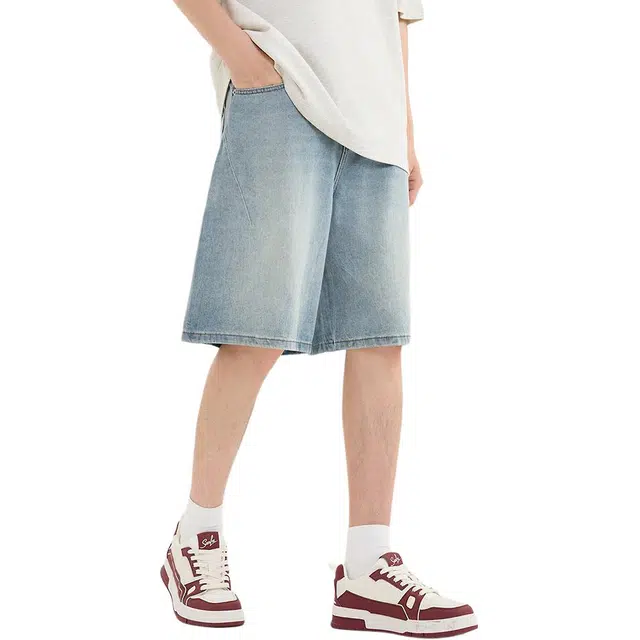 三福 分割设计宽松直腰直筒裤中腰五分裤牛仔短裤 男款