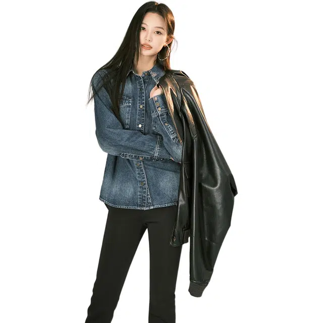 美洋 纯色方领单排扣牛仔外套 女款 蓝色
