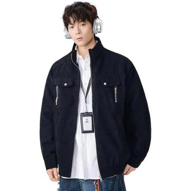 米素力 灯芯绒立领工装纯色落肩袖宽松型潮夹克 男女同款