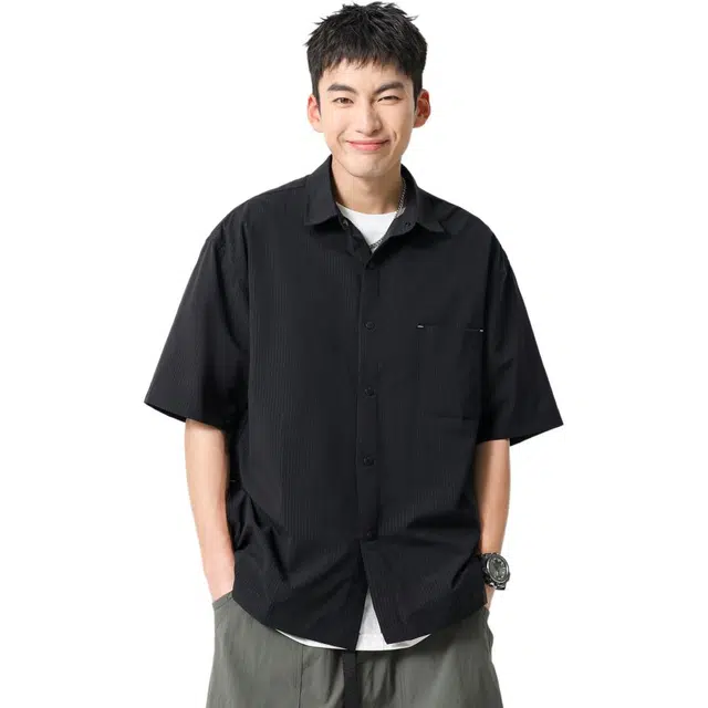 米素力 透气凉感高级感格子落肩袖短袖翻领宽松型衬衫 男款