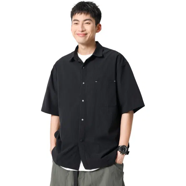 米素力 透气凉感高级感格子落肩袖短袖翻领宽松型衬衫 男款