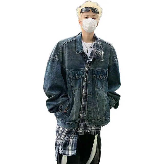 地界二 美式复古格子不规则拼接假两件男春秋季小众潮牌宽松拼接散口袖宽松牛仔外套 男款