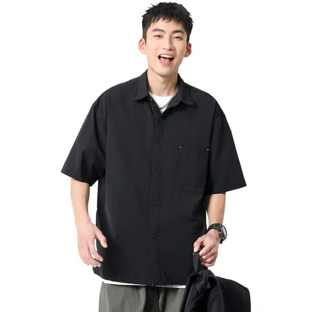 米素力 透气凉感高级感格子落肩袖短袖翻领宽松型衬衫 男款