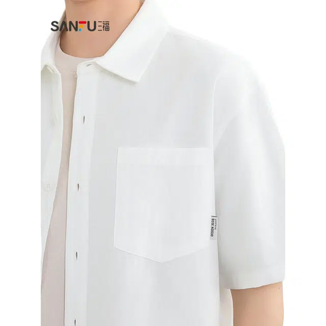 三福 麻料净色时尚短袖翻领衬衫 男款