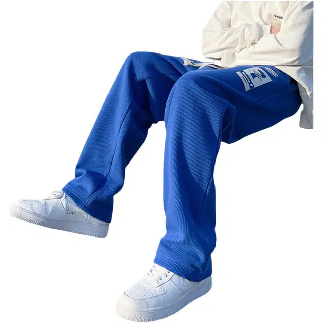 半空山 美式复古华夫格重磅直筒纯色宽松舒适百搭长裤休闲裤 男女同款