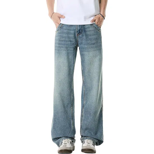 米素力 宽松美式浅蓝色中腰长裤牛仔裤 男款