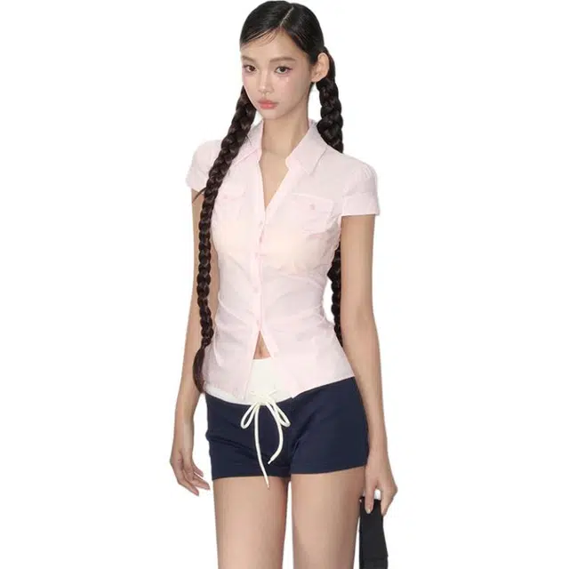 花蔓色 多风格收腰设计感上衣短袖衬衫 女款