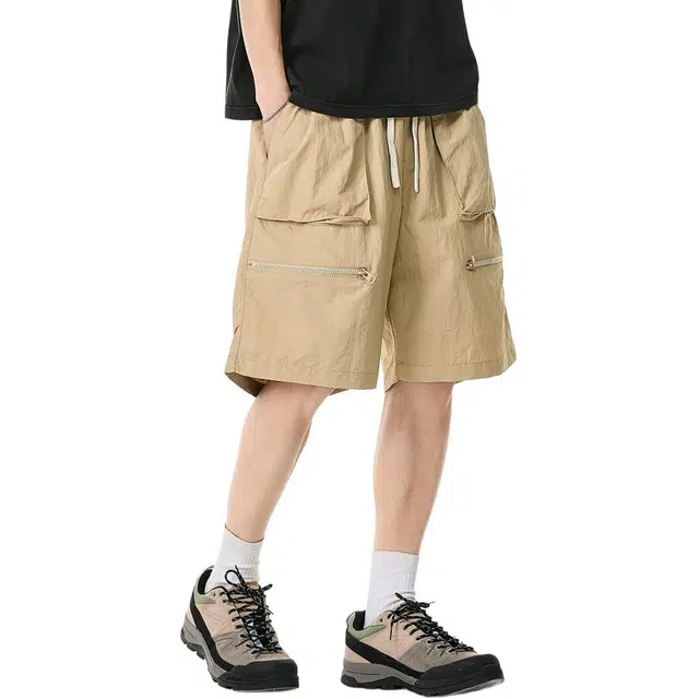 米素力 速干流氓卡其色纯色中腰五分裤工装短裤 男款