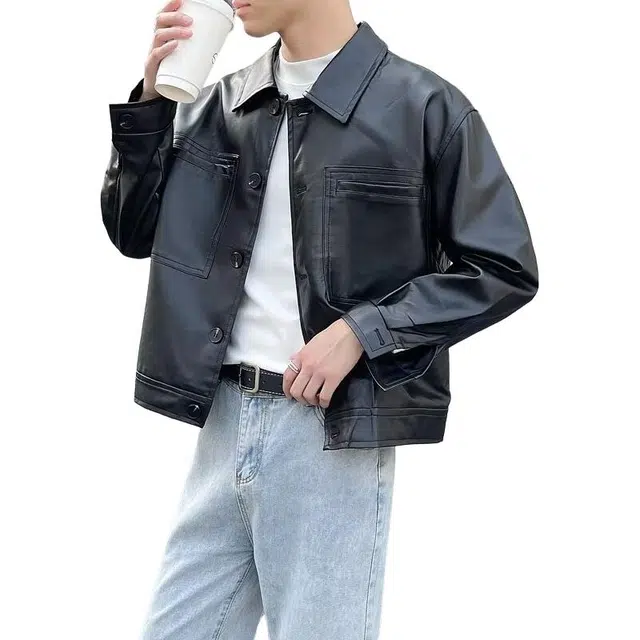 地界二 秋季男士潮流翻领休闲短款美式潮牌修身机车纯色外套男翻领休闲短款夹克 男款