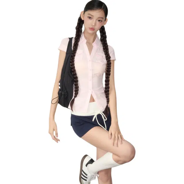 花蔓色 多风格收腰设计感上衣短袖衬衫 女款