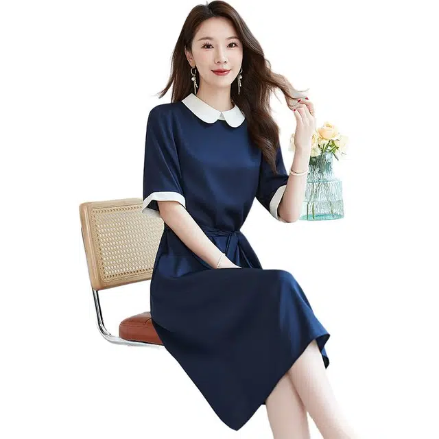 水墨佳人 夏季轻奢气质遮肚子显瘦中长款短袖连衣裙 女款