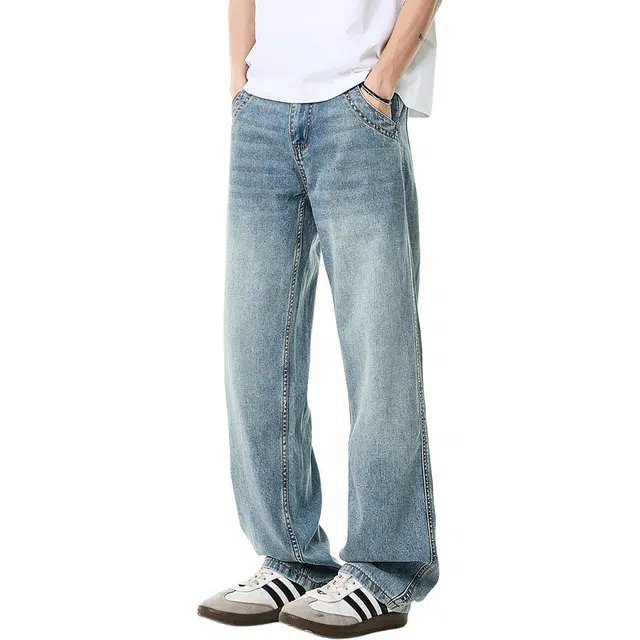 米素力 宽松美式浅蓝色中腰长裤牛仔裤 男款