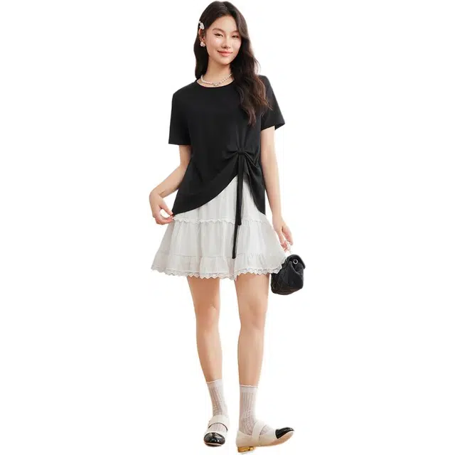 爱依服 夏季韩版休闲纯色短袖圆领裙装套装 女款