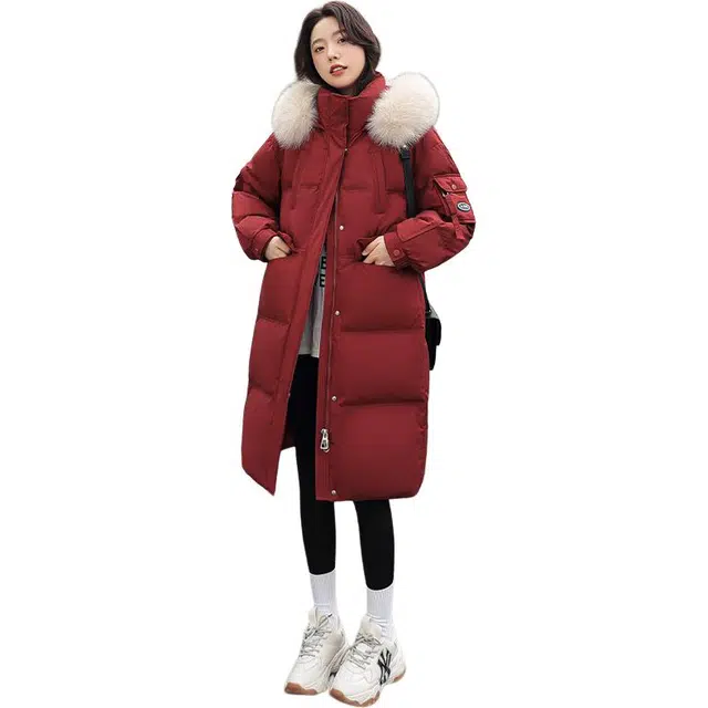 雅鹿 纯色过膝宽松韩版耐磨防钻绒毛领保暖长款休闲外套羽绒服 女款