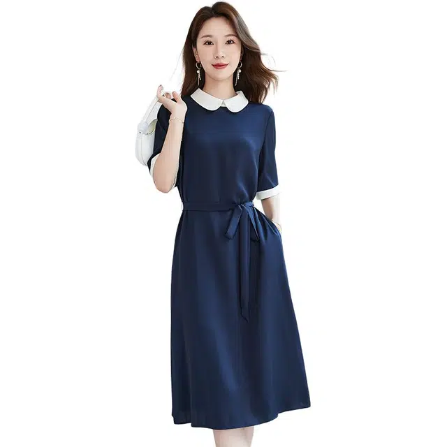 水墨佳人 夏季轻奢气质遮肚子显瘦中长款短袖连衣裙 女款