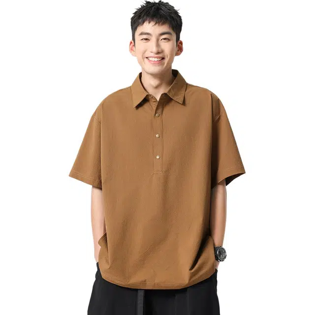 米素力 冰丝宽松肌理感格纹落肩袖短袖翻领衬衫 男款