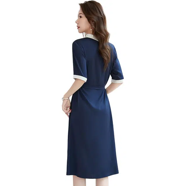 水墨佳人 夏季轻奢气质遮肚子显瘦中长款短袖连衣裙 女款