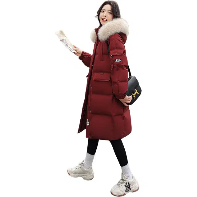 雅鹿 纯色过膝宽松韩版耐磨防钻绒毛领保暖长款休闲外套羽绒服 女款