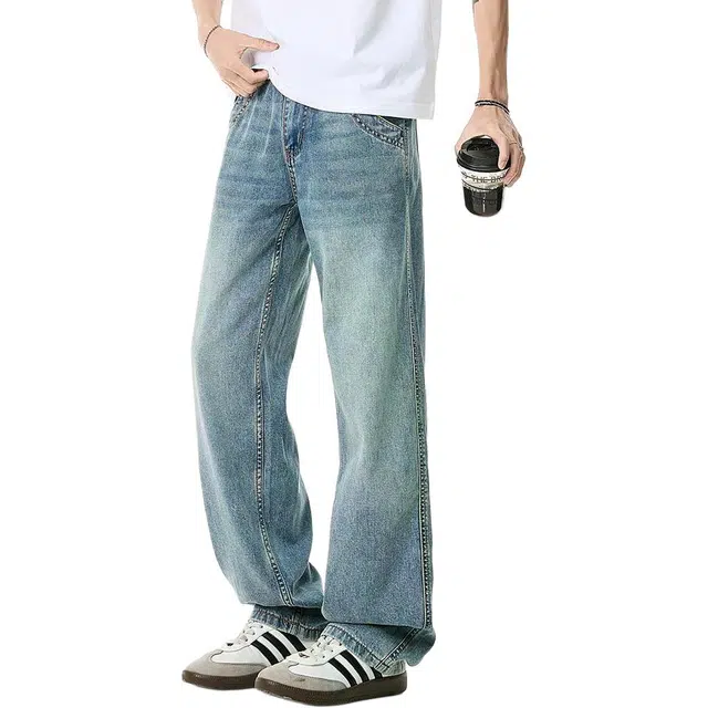 米素力 宽松美式浅蓝色中腰长裤牛仔裤 男款