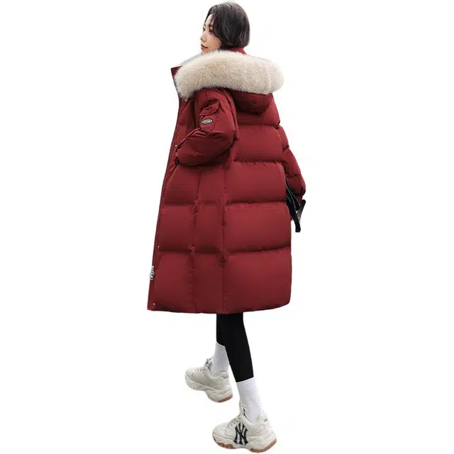 雅鹿 纯色过膝宽松韩版耐磨防钻绒毛领保暖长款休闲外套羽绒服 女款