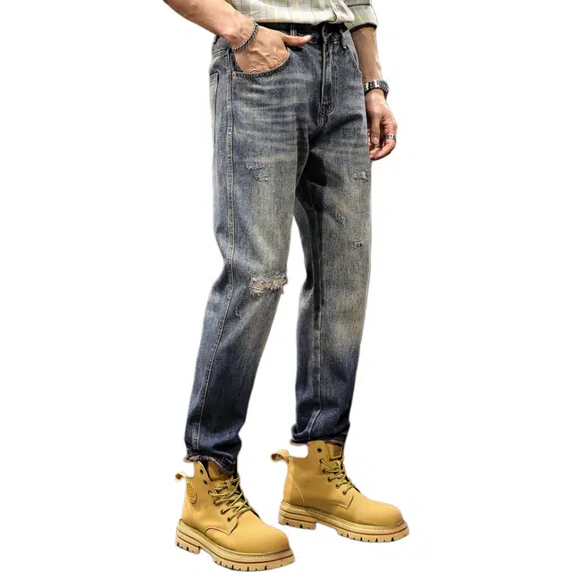 路杰邦 美式潮牌宽松休闲百搭复古水洗做旧锥形直筒时尚潮流长裤破洞渐变牛仔裤 男款