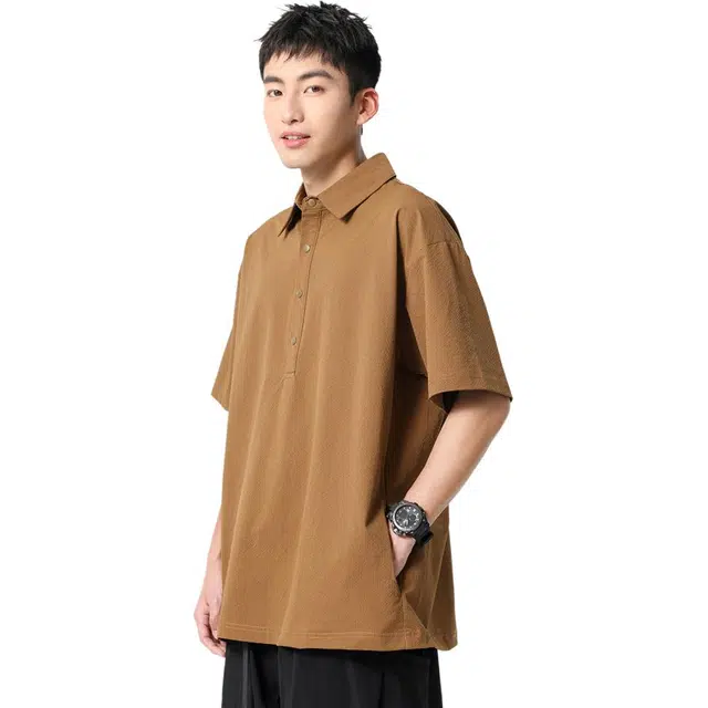 米素力 冰丝宽松肌理感格纹落肩袖短袖翻领衬衫 男款