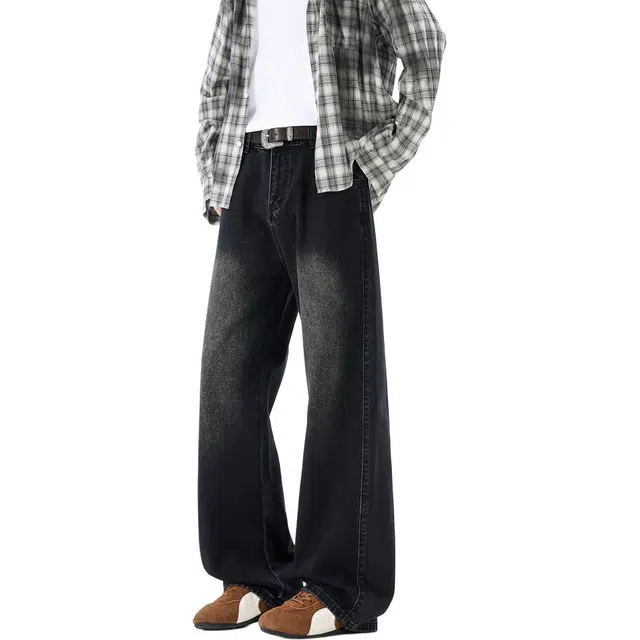 地界二 裤子男宽松水洗高街直筒美式春秋弯刀休闲长裤牛仔裤 男款