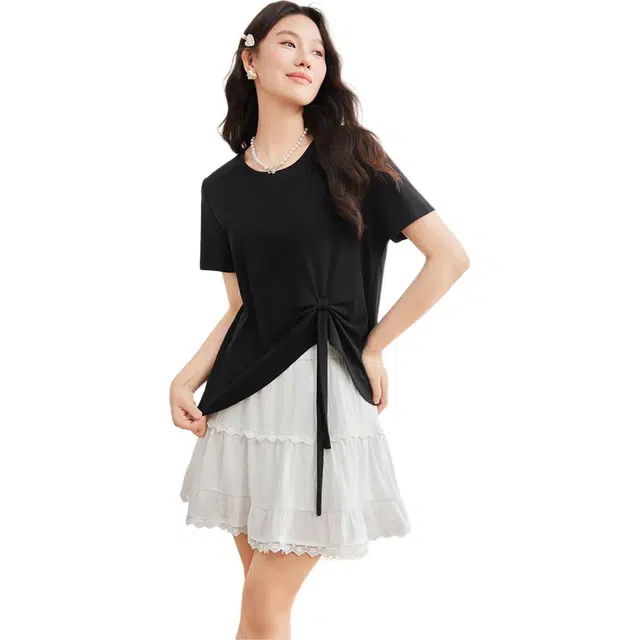 爱依服 夏季韩版休闲纯色短袖圆领裙装套装 女款