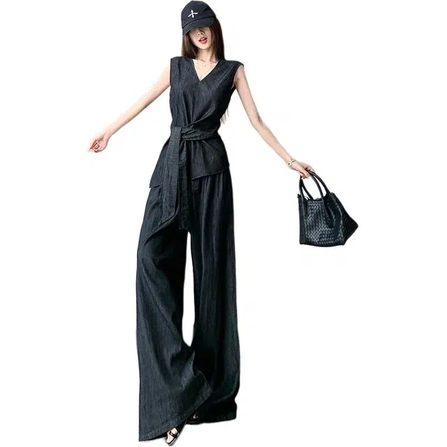 沐晓欣 法式收腰气质大码胖系带衬衫无袖显瘦阔腿长裤休闲套装 女款